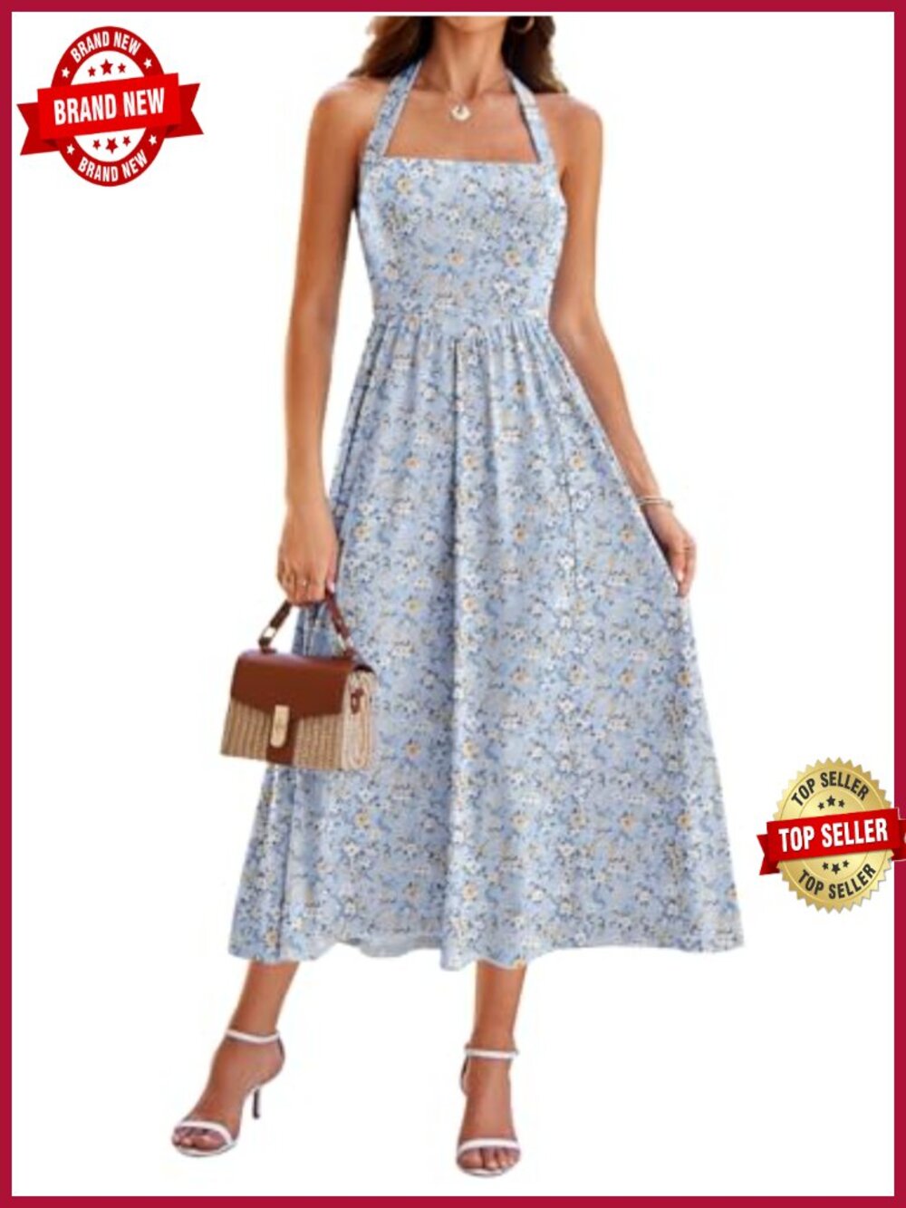 Sleeveless Halter Midi A-Line Dress with Pockets Flowy Casual Summer